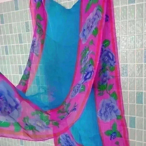 Leonard Paris Vintage Floral Silk Scarf Blue Pink - Picture 5 of 12